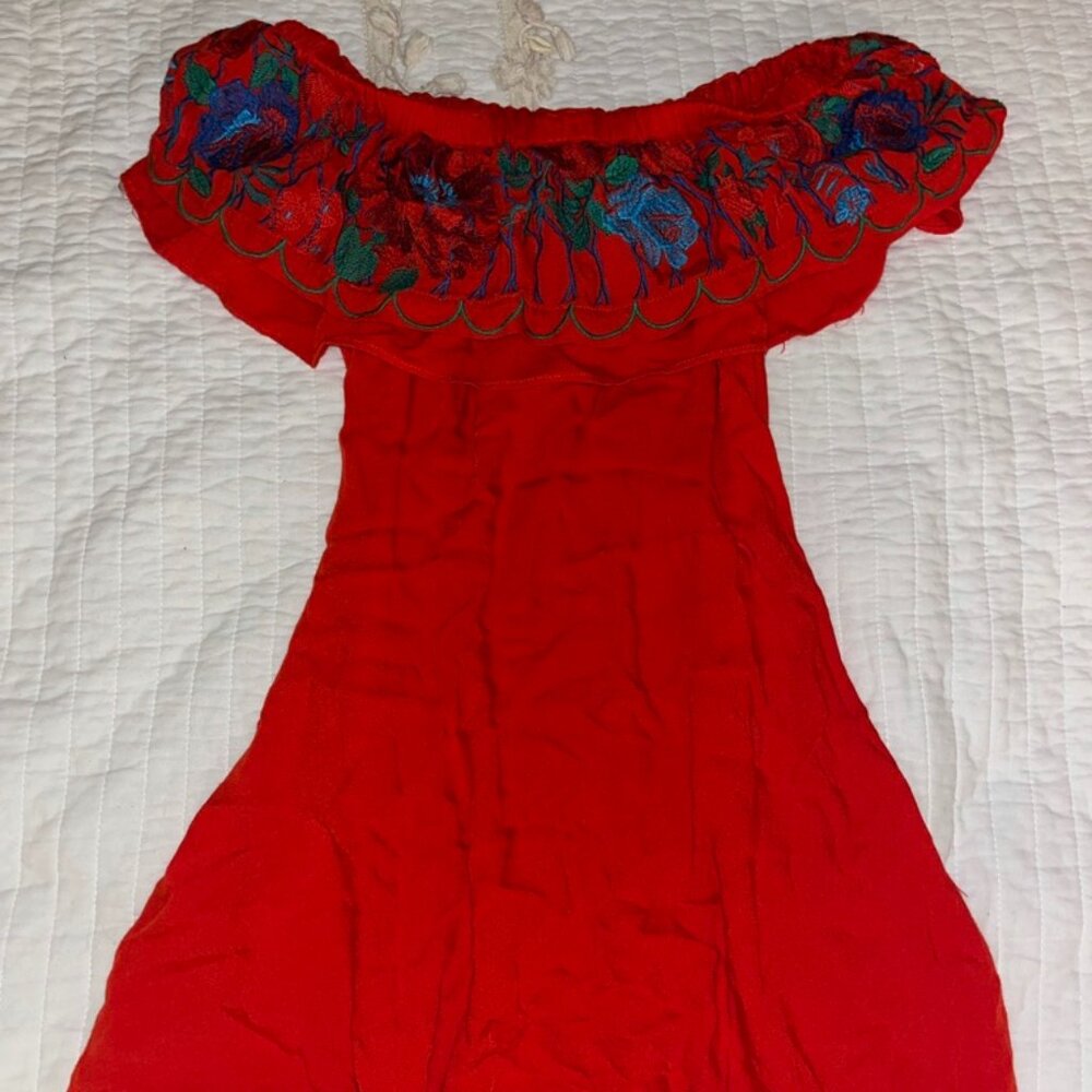 Romantic Red Off The Shoulder Mini Dress With Floral Stitching